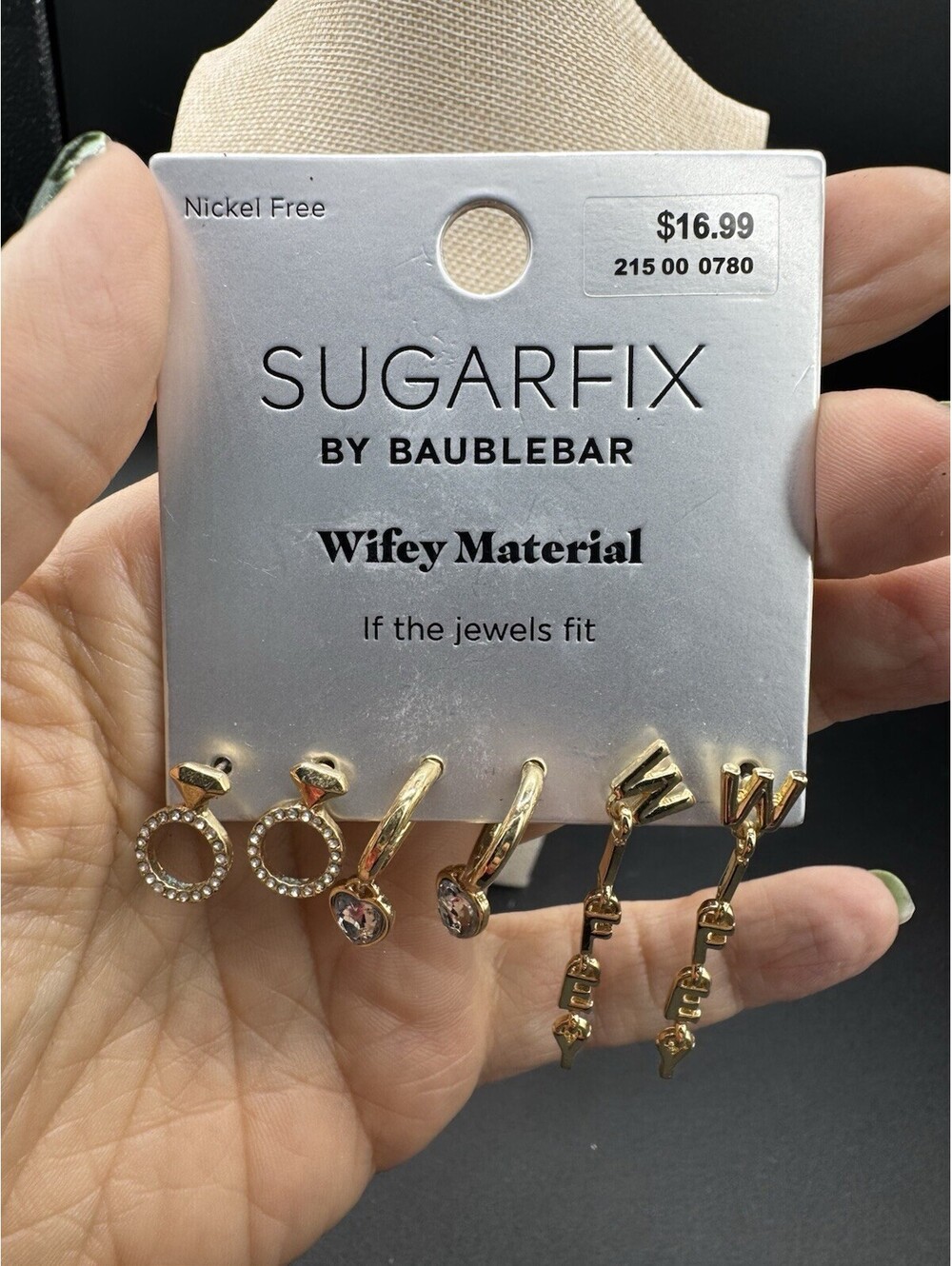 Sugarfix by BaubleBar “Wifey Material” Gold Tone Earrings Set Rhinestone NWT